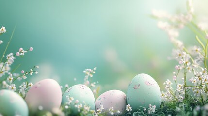 Playful Easter border featuring watercolor-style painted eggs and soft floral arrangements on a pastel green gradient. Created with generative AI.