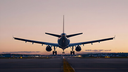 Obraz premium Rear View Of Passenger Airplane Taxiing On Runway At Dusk With Dramatic Golden Hour Sky