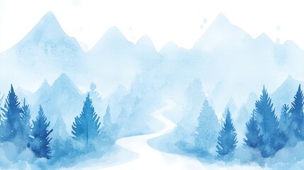 Fototapeta premium Serene Watercolor Landscape with Mountains and Trees