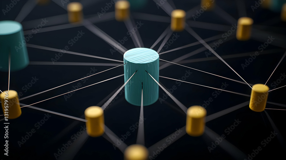 Poster interconnected network nodes with teal and gold cylindrical elements on dark background visualizing 