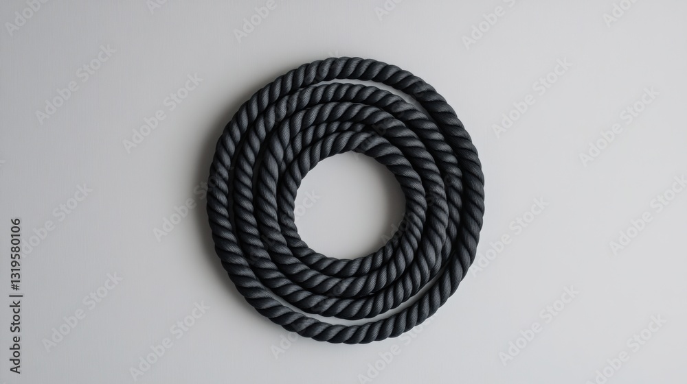Aufkleber black jump rope coiled in a spiral resting on a smooth grey background with minimalist design and am