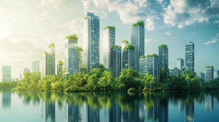 Obraz premium A futuristic cityscape is surrounded by lush greenery and water