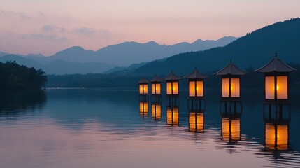 Obraz premium Lantern festival on a serene lake at dusk gigapixel quality calm environment scenic viewpoint