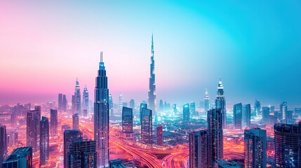 Vibrant nightscape of a bustling city urban environment gigapixel photography skyline view modern concept