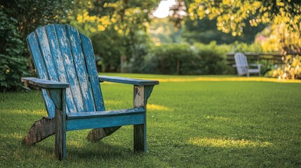 A weathered wooden Adirondack chair, its faded blue finish hinting at countless sun-soaked afternoons, invites relaxation and tranquility amidst a verdant landscape, a haven of comfort and escape.