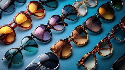 Colorful Sunglasses Arranged on Blue Background (2)