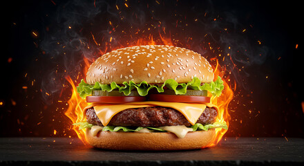 Sizzling Fiery Cheeseburger with Melted Cheese, Fresh Lettuce, Juicy Tomato, and Crisp Pickles on a Sesame Seed Bun, Surrounded by Flames for a Bold and Intense Flavor Experience