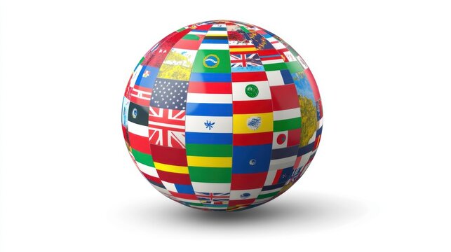 Flag globe rotating, a collection of various national flags, white background, international unity representation