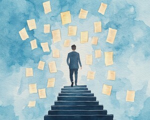 Surreal Watercolor Scene of Man Climbing Stairs Amidst Floating Papers