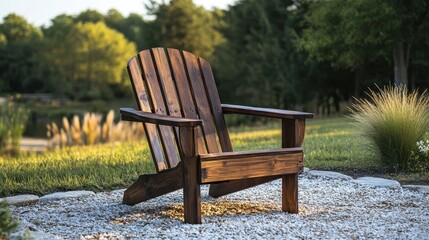 A handcrafted Adirondack chair, its weathered wood a testament to the enduring charm of nature, stands poised in a serene setting, inviting relaxation and comfort.