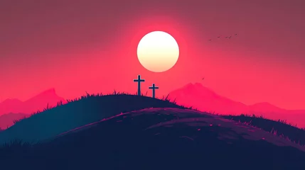 Selbstklebende Fototapeten Sunrise over a hill with three crosses in a serene landscape at dawn © Irina