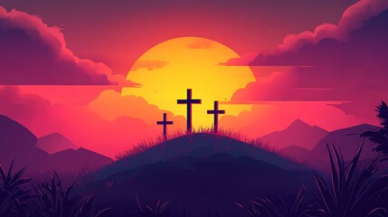 Vibrant sunrise illuminates a serene hill with three crosses, evoking hope and reflection