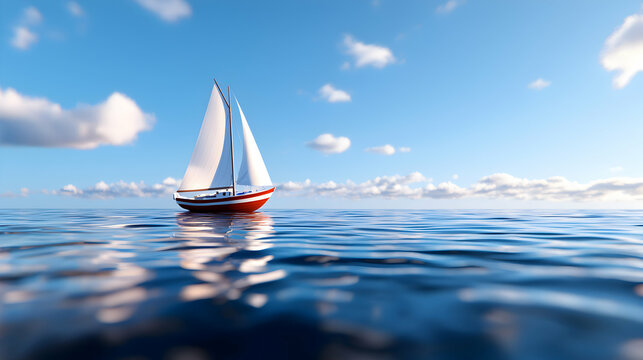 Red and White Sailboat on a Calm Ocean Under a Blue Sky
