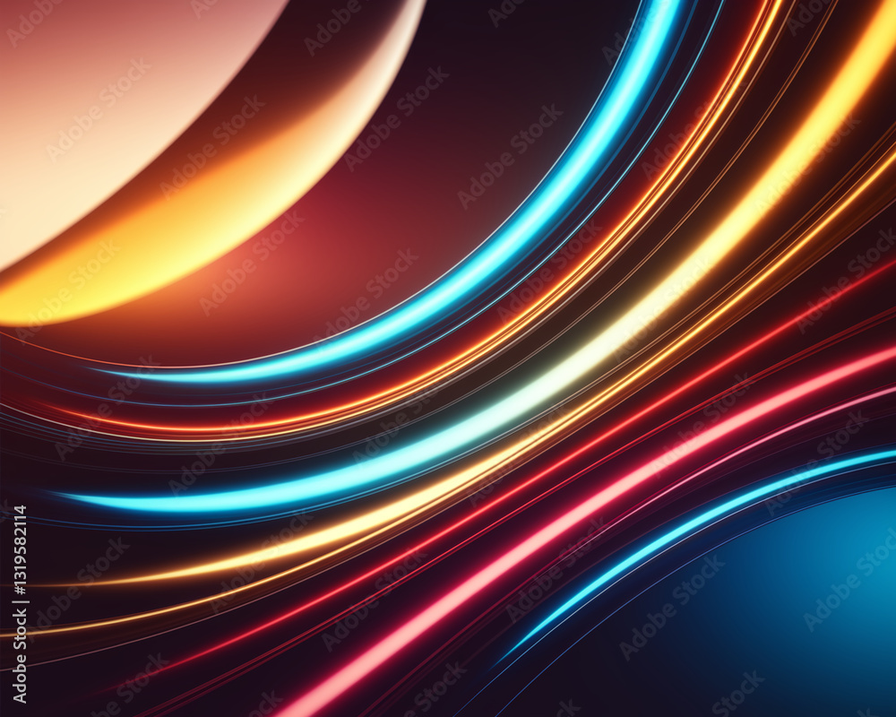 Poster Abstract image of glowing curved lines in blue, red, and orange hues creating a dynamic and energetic composition, showcasing a modern and stylish design ideal for various applications