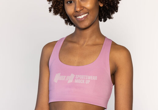 Woman Wearing Stylish Sports Top. Close-up front view for mockup
