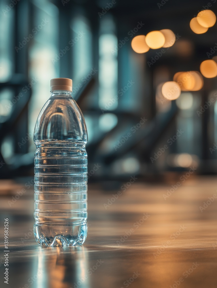 Poster minimalist transparent water bottle in a modern gym setting ready for hydration during a workout ses