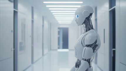 Futuristic robot in a sterile hallway.  Possible use Science fiction, technology, artificial intelligence