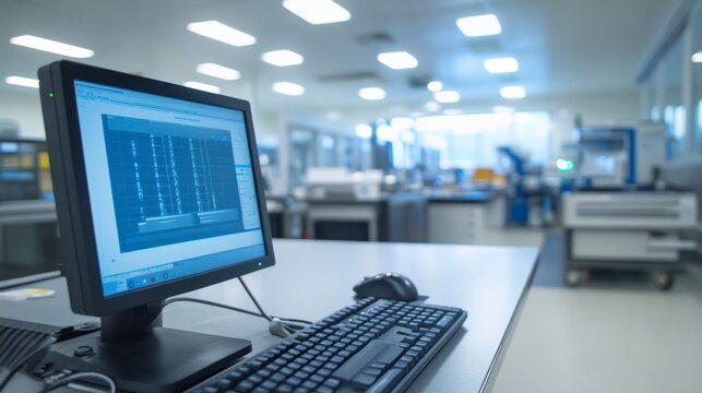 Lab Computer Displays Data, Modern Facility Background, Scientific Research