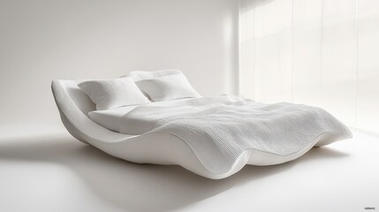 A sleek, white bed, devoid of distractions, stands majestically on a pristine, transparent backdrop, its minimalist design exuding a sense of serenity and tranquility.