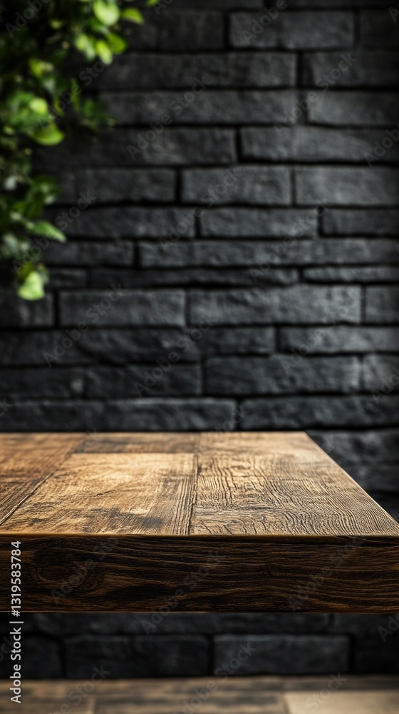 Poster richly textured brown wooden table stands ready for use, illuminated by softened light in a calm ind