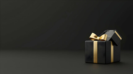 Luxurious Black Gift Box With Gold Ribbon On Dark Background 3D Rendering Festive Surprise
