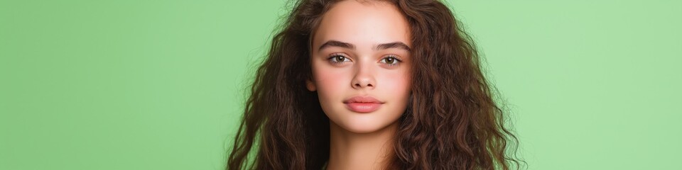 Fototapeta premium A woman with curly hair is smiling at the camera. The image has a bright and cheerful mood