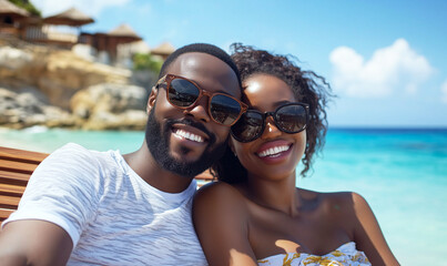 Obraz premium Young black couple relaxing on wooden deck chair on a tropical beach enjoying vacation, generated ai 