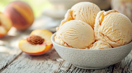 Creamy Peach Ice Cream in a Bowl on Rustic Wooden Table
