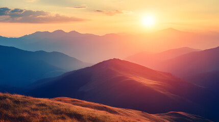 
Majestic mountain landscape, sunrise over hills, nature adventure hiking
