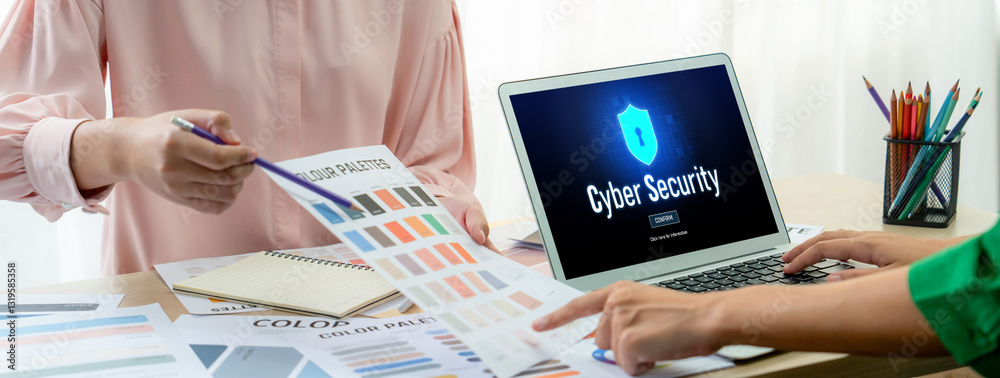 Poster cyber security system on computer screen protect private information brisk from hacker and cyber att