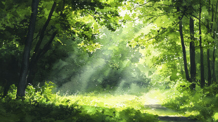 Fototapeta premium serene forest scene with vibrant green foliage and soft sunlight filtering through trees, creating peaceful atmosphere