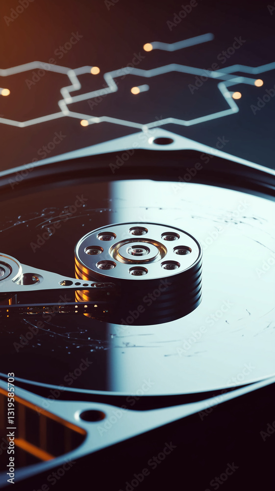 Poster Close-up of hard drive platter and read/write head, showcasing intricate mechanics, representing data storage, technology, and digital information