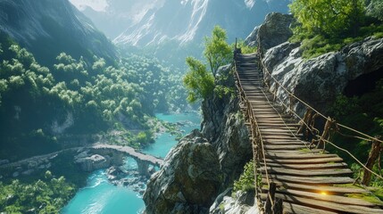 Breathtaking Mountain Vista, Wooden Bridge Over Turquoise River