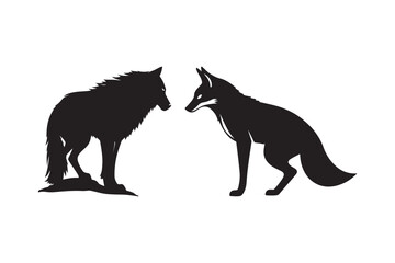 Wolf and Fox Silhouette Facing Each Other Wildlife Animal Art