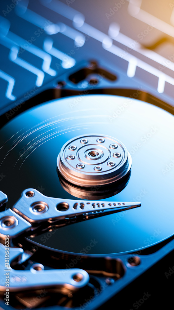 Poster Close-up of hard drive platter and read/write head, showcasing internal computer components, representing data storage and technology, ideal for tech concepts