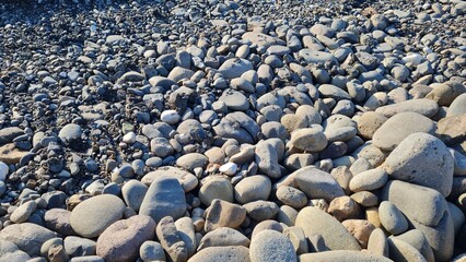 Small grey sea stones on the shore on a sunny day