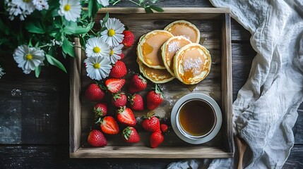Pancakes with strawberries, a drink and flowers are displayed on a rustic wooden tray.
