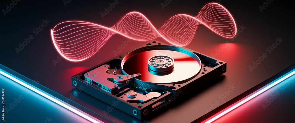 Poster open hard drive disk on dark surface with neon red and blue lighting, showcasing data transfer conce