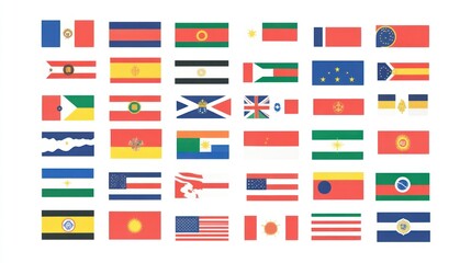 Flags Collection of various country symbols in a flat layout against plain, light background