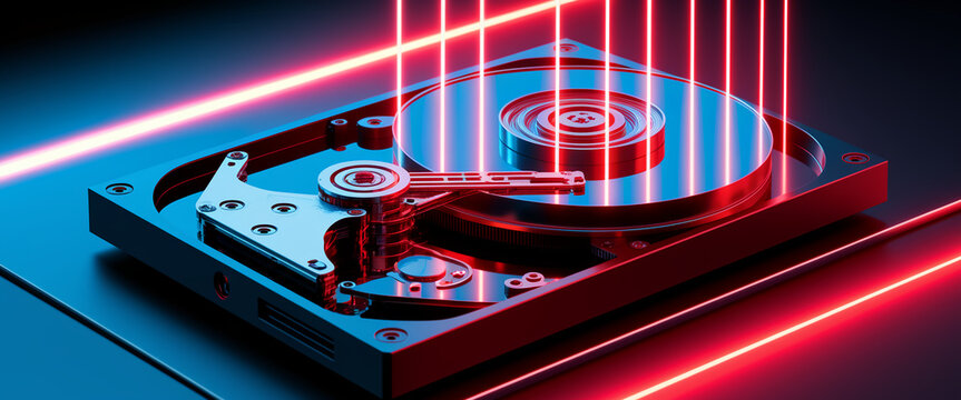 Close-up of hard drive mechanism illuminated by red laser beams, showcasing internal components and technological detail, representing data storage, digital technology, and innovation