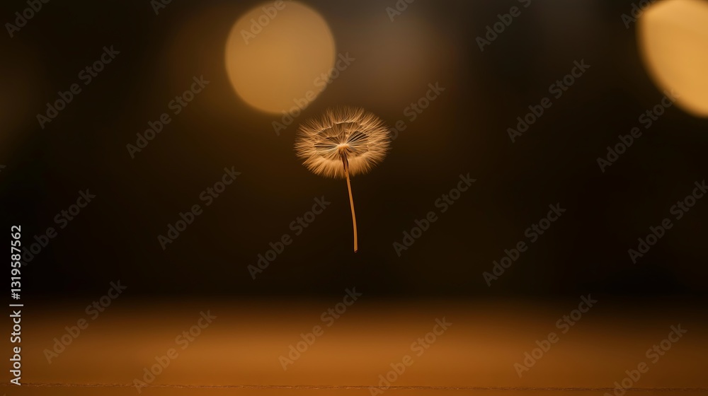 Poster a single dandelion seed floating in the air, with a blurred background