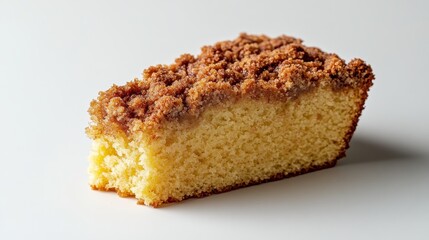 A slice of warm, freshly baked coffee cake, with a golden brown crumb topping, sits proudly on a pristine white background, ready to be devoured. The coffee s aroma fills the air, adding to the