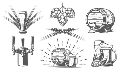 Beer icon set isolated on white background. Brewery logo design. Beer elements from labels: tap, wheat, glass, mug, barrel. Vector illustration