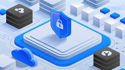 Data Protection Cloud. Cloud icon with a shield and lock representing data protection and encryption in cloud services. Perfect for illustrating advanced cybersecurity measures.