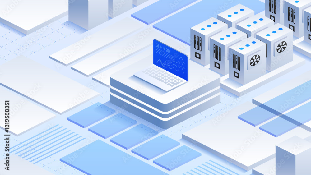 Poster modern data center vector illustration. digital illustration of a data center with multiple server r