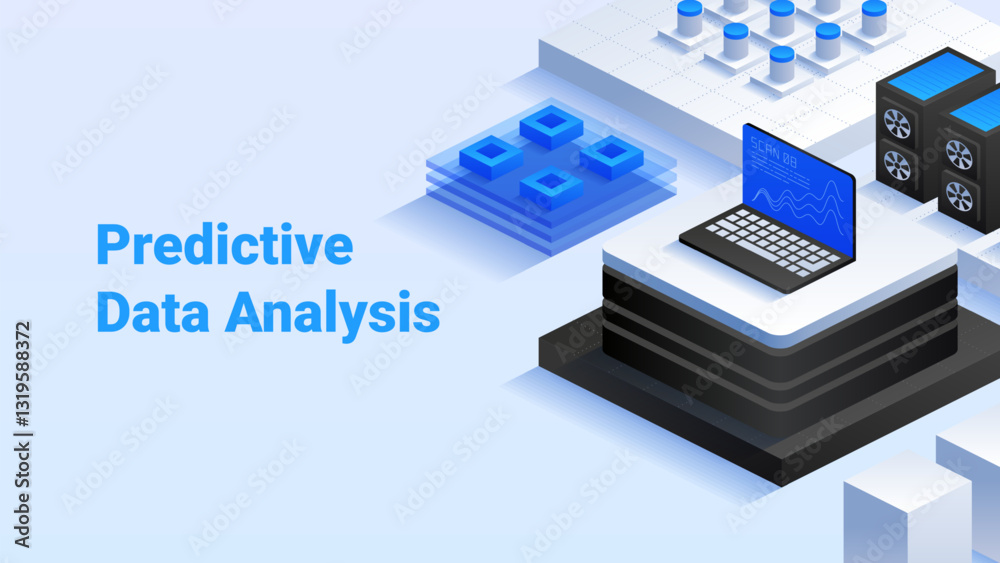 Poster predictive data analysis. anticipatory data models. future-oriented insights. high-tech data center.