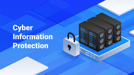 Cyber information protection Online security with robust data protection Safeguarding digital information with secure servers and padlock icon, ideal for articles on cybersecurity Vector illustration