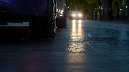 Dark Blue Car Parked On Wet Asphalt Road At Night In City With Reflected Headlights And Blurred Background