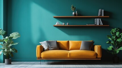 Obraz premium A sleek, wooden shelving unit, its surface polished to a sheen of sophistication, stands proudly against a calming teal wall, adding a touch of contemporary elegance to a minimalist living space.