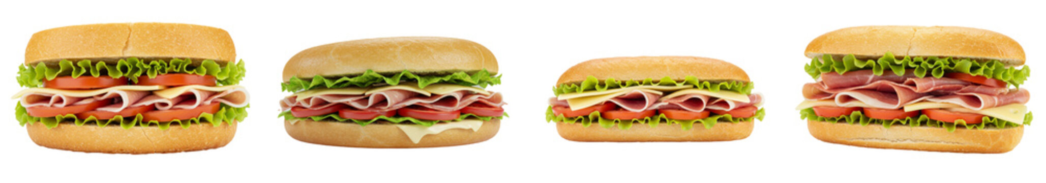 Delicious Ham and Cheese Sub Sandwiches - Four appetizing ham and cheese sub sandwiches with lettuce and tomato, perfect for lunch or a quick meal
